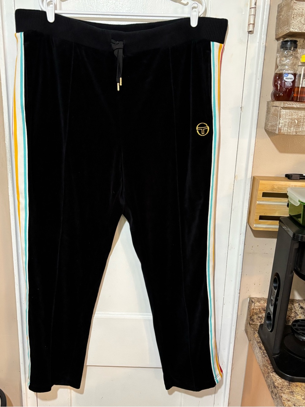 Sergio Tacchini Black Velour Joggers with Multi-Stripe Side Tape Men’s.